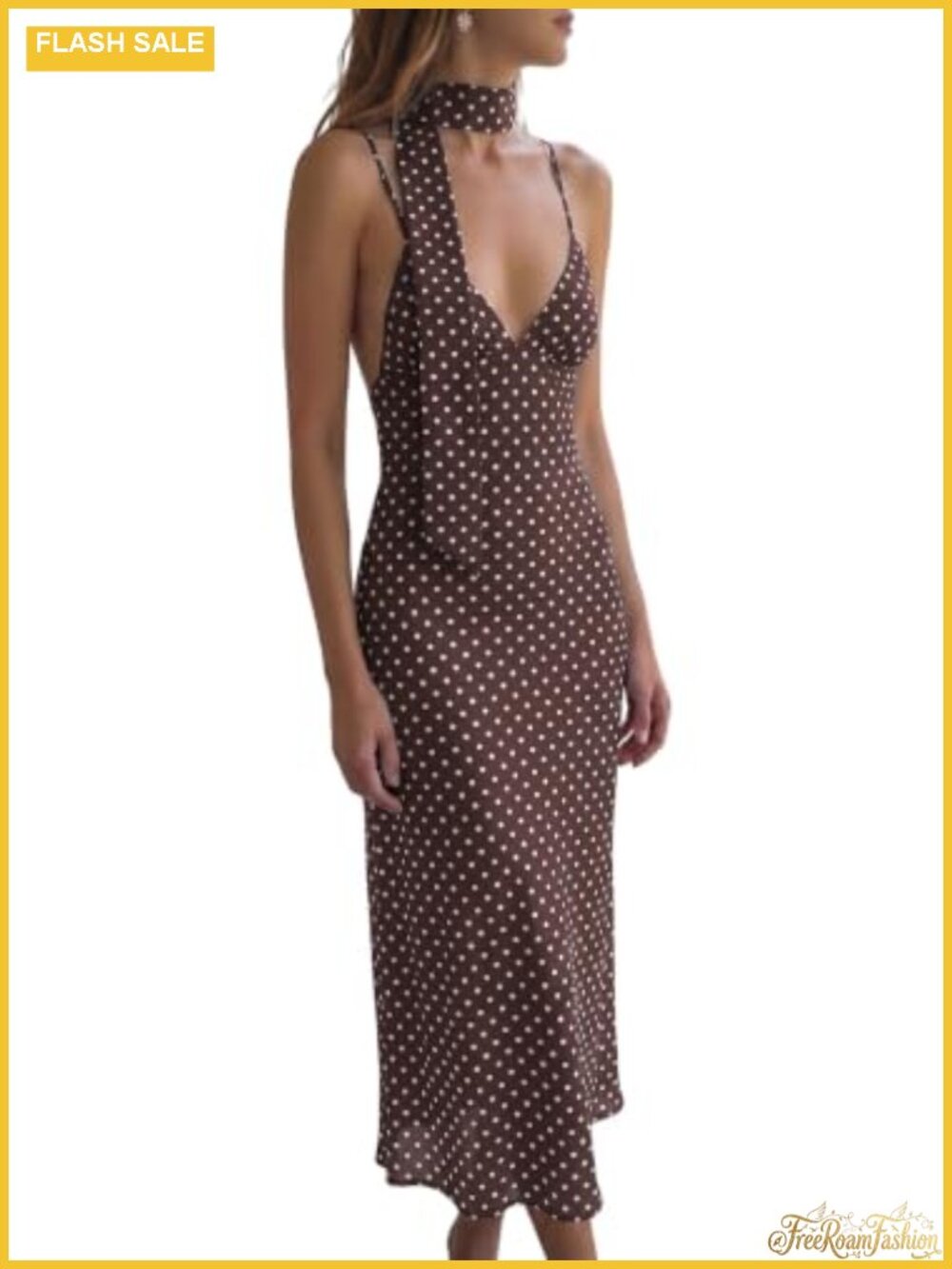 Women's Polka Dot Chiffon Maxi Dress, V-Neck Backless Sleeveless